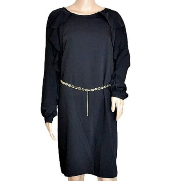 NWT Chaps Black Ruffle Sleeve Classic Minimalist Modest Shift Tent Dress M-L 12 - Picture 2 of 5